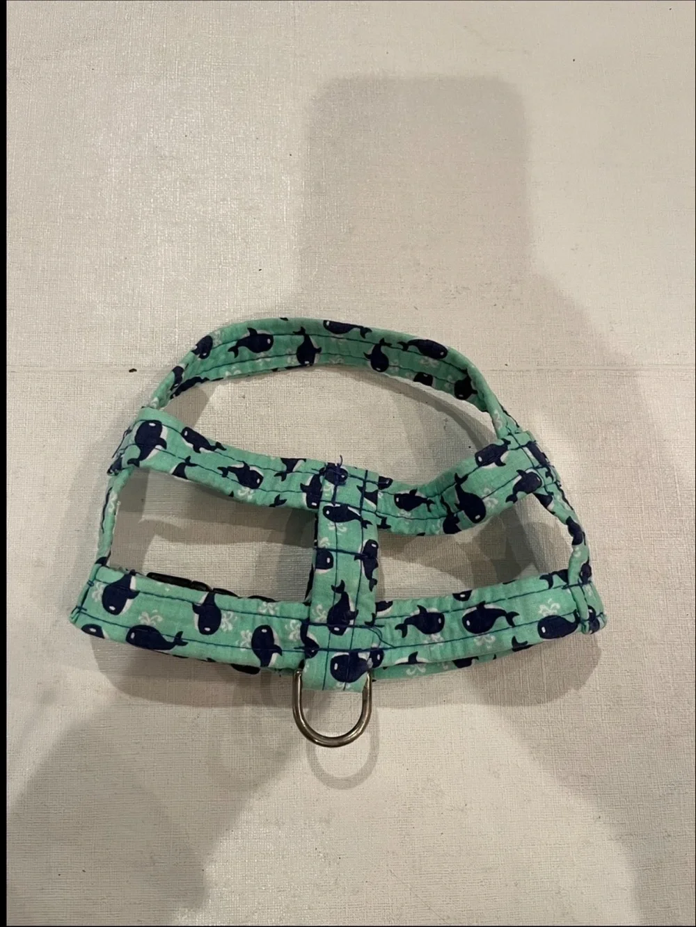Handmade mint and navy blue Whale Print Adjustable Harness. Size Small
